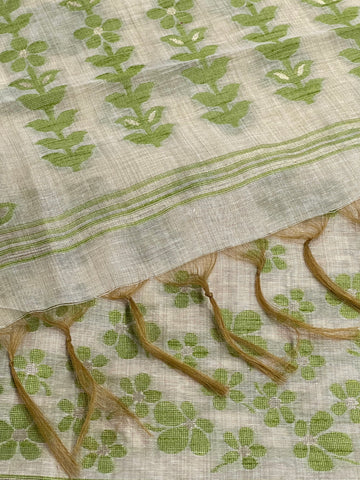 Jade and Cream Handloom Jacquard Floral Chanderi Suit Set HCS Geetha Creation